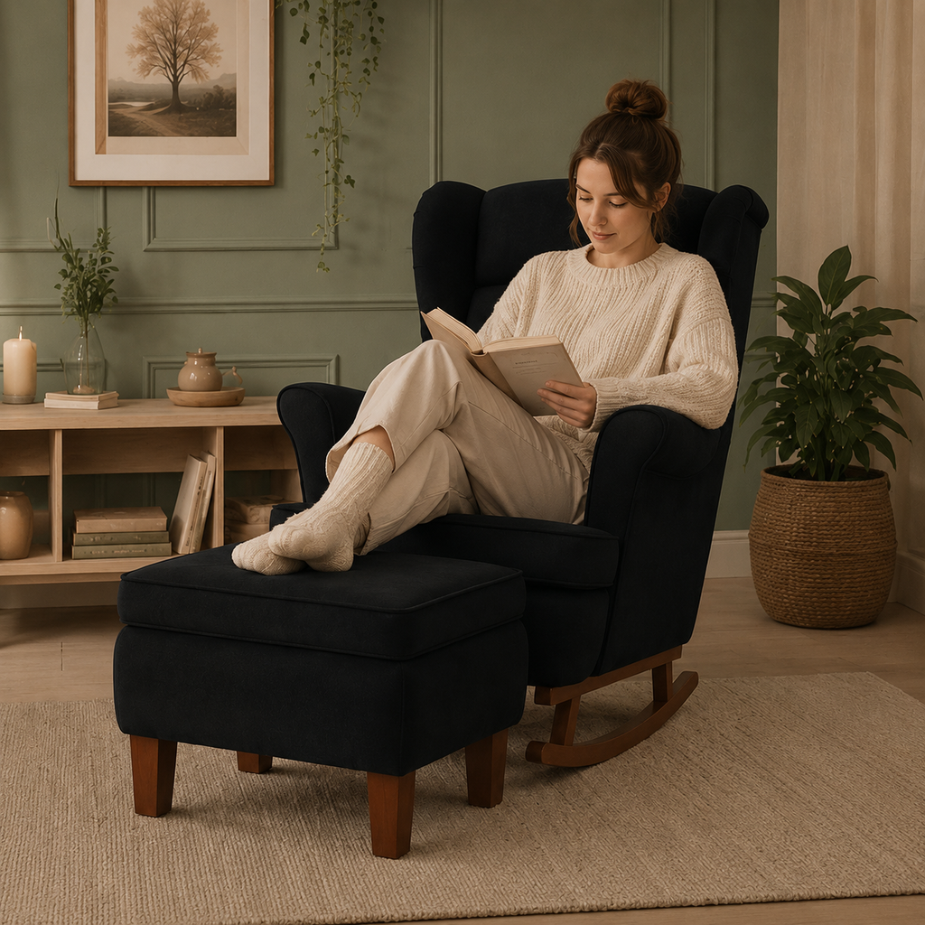 Sérénité | Fauteuil à bascule velours avec repose-pieds
