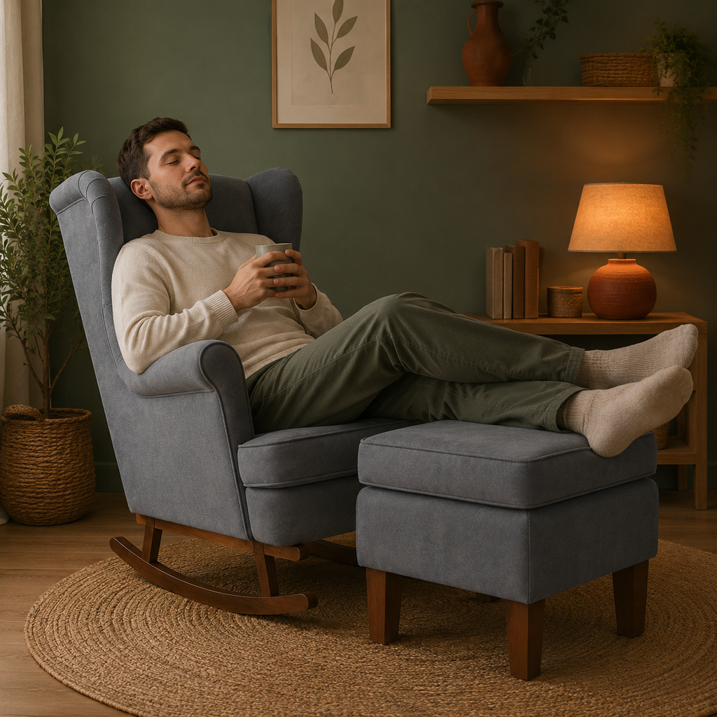 Sérénité | Fauteuil à bascule velours avec repose-pieds